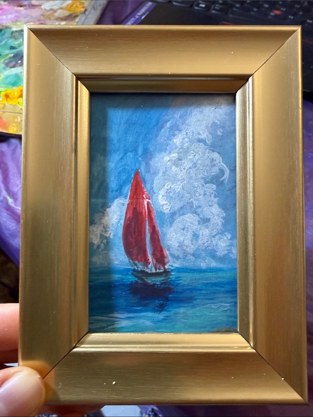 Father's Day Gift, Framed Home Art: Red-Sailed Boat on Blue Sea